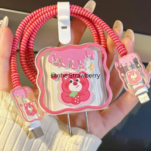 Rackit Power Silicone Strawberry Bear Data Cable Protective Cover for Iphone12promax Fast Charge 20w Charger Head 13 14 Plus